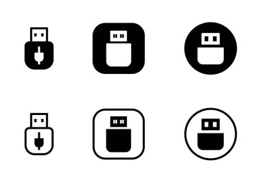 USB sürücülerinin altı siyah ve beyaz vektör simgesi 2x3 ızgarada görüntülenir. Simgeler, basit bir USB tapası, yuvarlak bir kare içindeki bir USB tapası ve bir daire içindeki bir USB tapası da dahil olmak üzere şekil olarak değişir..
