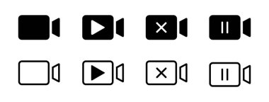 Siyah beyaz video kamera ikonlarının bir koleksiyonu. Oynama durdurma ve kapatma sembolleri var. Simgeler katı dolgu ve özet biçimlerinde sunuluyor.