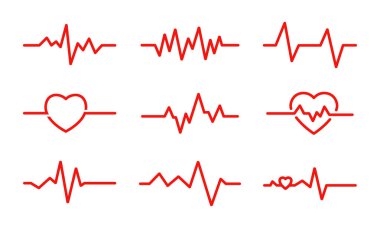 Dokuz kırmızı elektrokardiyogram kalp atış çizgisi simgesi beyaz arka planda 3x3 ızgara şeklinde düzenlenir.