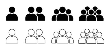 İnsan gruplarını gösteren sekiz ikondan oluşan bir koleksiyon. Dört simge koyu siyah, dördü beyaz çizgiler. Bir, iki, üç, dört ve beş kişiyi betimliyorlar..