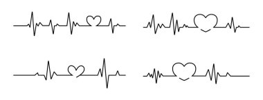Beyaz arka planda entegre kalp şekilli dört siyah elektrokardiyogram çizgisi. Çizgiler kalp atışlarını ve nabız atışlarını betimliyor..