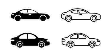 Siyah beyaz dört stilize araba ikonu, yan görüntüde gösteriliyor. İkisi koyu siyah siluetler, ikisi beyaz çizgiler..