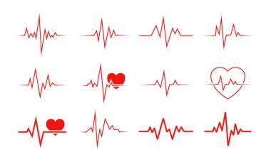 12 kırmızı elektrokardiyogramdan oluşan bir ızgara ve temiz beyaz arka planda kalp sembolleri. Grafikler kalp atışlarını ve nabzını temsil ediyor.