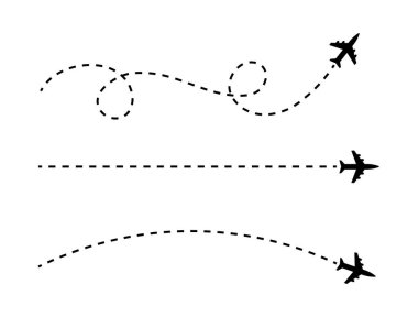 Üç siyah uçak silueti temiz beyaz arka planda kesik çizgiler boyunca uçarken resmediliyor. Çizgiler farklı eğriler ve düz segmentlerle uçuş yollarını temsil ediyor..