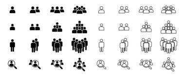 Çeşitli grup boyutlarında ve büyüteçle insan figürlerini tasvir eden siyah beyaz simgelerden oluşan bir ızgara..