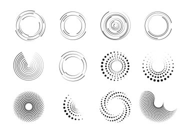 Beyaz zemin üzerinde on iki siyah soyut grafik elementten oluşan bir koleksiyon. Elementler dairesel şekilleri içerir çizgiler ve noktalar radyal ve spiral desenler.