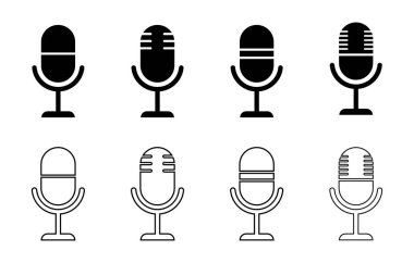Sekiz mikrofon ikonundan oluşan bir koleksiyon, dört tane siyah ve dört tanesi siyah, beyaz arka planda iki sıra halinde dizilmiş..