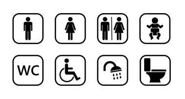 Erkek, kadın, uniseks, bebek, engelli, duş, tuvalet ve tuvalet dahil olmak üzere çeşitli tuvalet ve tesis sembollerini temsil eden sekiz siyah beyaz ikondan oluşan bir ızgara..