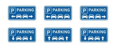 Beyaz metin ve araba simgeleriyle altı mavi dikdörtgen tabela. Her işaret sağa, sola, yukarı ya da aşağı işaret eden oklarla park etmeyi gösteriyor..