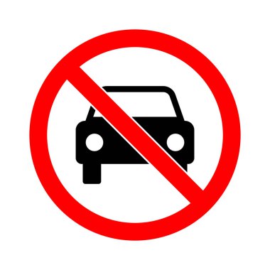 Bir arabanın siyah silueti kırmızı bir daire içinde merkezlenir ve düz beyaz bir arkaplanda köşegen kırmızı bir çizgidir..