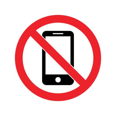 Üzerinde çapraz kırmızı bir çizgi olan kırmızı bir daire beyaz arkaplanda bir akıllı telefonun siyah siluetini kaplar..