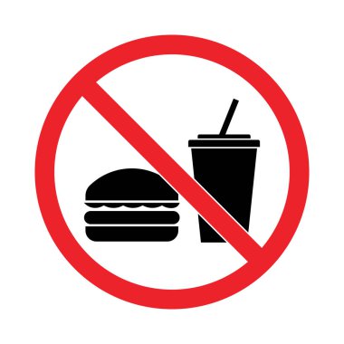 Çapraz kesikli kırmızı bir yasaklama çemberi siyah hamburgerin siluetini ve beyaz arka planda pipetle içkiyi kaplar..