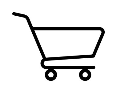 Beyaz arka planda bir alışveriş arabasının basit siyah çizgisi. El arabasının sapı, sepeti ve iki tekerleği var..