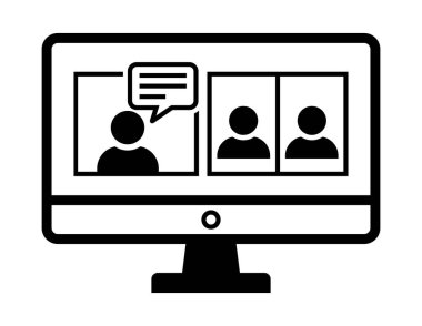 Black and white icon of a computer monitor showing a video conference with three simplified person icons and a speech bubble.
