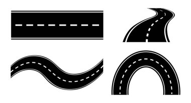 Beyaz çizgili ve beyaz arka planda katı şerit işaretli dört siyah yol segmenti.