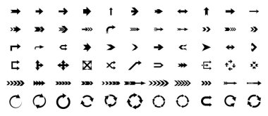 Düz, kıvrımlı, çift başlı ve dairesel de dahil olmak üzere çeşitli şekillerde siyah ok ve sembollerden oluşan bir ızgara..