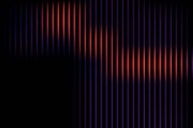 Dikey çizgiler, siyah bir arkaplana karşı turuncu ile mor arasında bir eğilim gösteriyor. Çizgiler eşit aralıktadır ve dinamik, soyut bir model oluşturur..