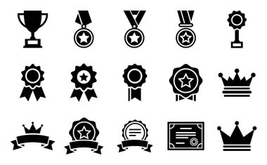 Başarı ödülleri, madalyalar, kurdeleler, beyaz arka planda sertifikalar da dahil olmak üzere çeşitli başarı simgelerini temsil eden bir siyah siluet şebekesi.