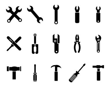 Siyah siluet bir ızgara çeşitli el aletleri ingiliz anahtarı, pense, tornavida ve çekiç gibi düz beyaz arka plan karşı.