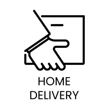 Beyaz arkaplanda siyah metinde eve teslim kelimelerini içeren bir paket tutan basit siyah bir el sıkışma çizgisi