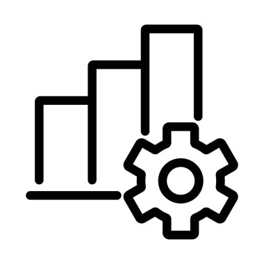 Beyaz arkaplanda bir vites sembolünün yanında yükselen üç çubuk olan siyah bir çizelge. Grafik, grafik, grafik. beyaz arkaplanda dişli siyah çizgili çubuk grafiği...