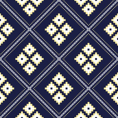 Derin donanma arka planında beyaz ve sarı renkli soyut geometrik kalıplar, giysi, kumaş, arkaplan, duvar kağıdı, ambalaj, batik tasarımı. Örgü, pixel desenli, nakış tarzı. Vektör