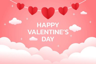 Sevgililer Günü. Açık pembe arka planda, tüylü bulutlar ve beyaz yıldızlı kırmızı kalpler asılı. Poster, Bayrak, Selamlama, Kart ve kapak için Vektör Çizimi. Sevgililer Günü Tasarımı.