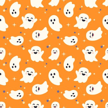 Kawaii çizgi film tarzında kusursuz bir Cadılar Bayramı hayalet deseni. Turuncu arka planda beyaz, neşeli ve ürkütücü, tekstil, duvar kağıdı, ambalaj, parti ve tatil dekorasyonu için ideal.