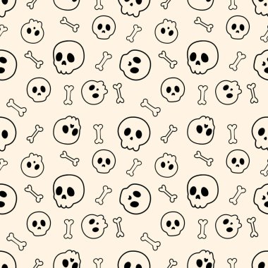 Kusursuz bir cadılar bayramı şablonu. Siyah kafatasları ve bej arka planda kemikler. Asgari ürkütücü tasarım tekstil, duvar kağıdı, ambalaj kağıdı, kırtasiye, parti dekorasyonu ve tatil teması için mükemmel..