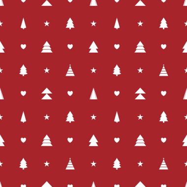 Kırmızı zemin üzerinde beyaz ağaçlar, kalpler ve yıldızlar olan en az pürüzsüz Noel şablonu. Kumaş, giysi, duvar kağıdı, ambalaj ve tatil dekorasyonu için tasarım. Vektör illüstrasyonu.