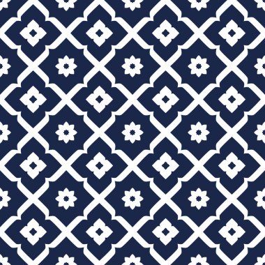 Donanmada zarif geometrik tekstil deseni ve kusursuz simetrisi var. Kumaş, moda, duvar kağıdı, ambalaj ve iç dekorasyon için tasarım. Vektör illüstrasyonu.