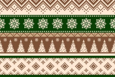 Sıcak pikselli tekstil deseni. Sıcak tatil kumaşından esinlenilmiş. Kahverengi tonlarda tekrar eden Noel ağaçları ve kar taneleri. Kumaş, ambalaj ve festival ürünleri için tasarım. Vektör illüstrasyonu.