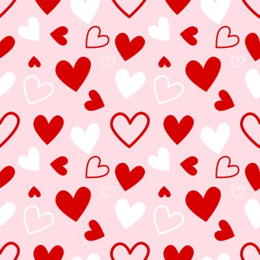 Elle çizilmiş kusursuz desen. Pastel pembe arka planda çeşitli şirin kırmızı ve beyaz kalpler. Sevgililer Günü hediye paketi, romantik tekstil kumaşı ve güzel duvar kâğıdı tasarımları..