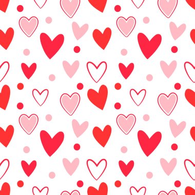Güzel el çizimi, güzel kalpler ve beyaz arka planda küçük noktalar olan kusursuz bir desen. Sevgililer Günü için ambalaj kağıdı, romantik tekstil baskısı ve tatlı bir geçmiş..