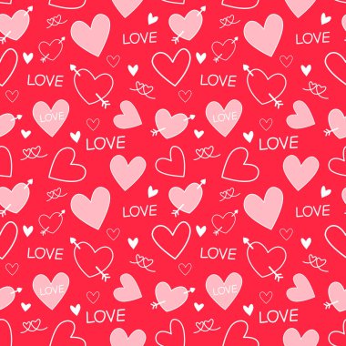 Sevimli kalpler, aşk okları ve kırmızı ve pembe tonlarda aşk metinleriyle elle çizilmiş kusursuz desen. Ambalaj kağıdı, tekstil kumaşı ve Sevgililer Günü arkaplanı için tasarım.
