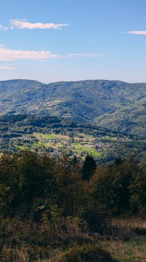 Güneşli bir günde açık mavi gökyüzünün altında kırsal bir köy ve yeşil tarlaları olan ormanlık tepelerin manzarası..