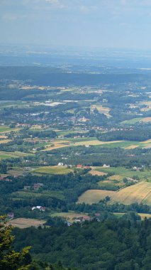 Yeşil tarlaları, kırsal evleri ve yaz gökyüzü altında orman tepeleri olan kırsal vadi geniş panoramik manzara. Sahne doğası arka planı, seyahat ve kopyalama alanı ile yaşam tarzı kavramı.