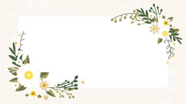 Bej arka planda yeşil yaprakları olan papatya çiçeği çerçevesi, davetiyeler, bahar tebrik kartları ve botanik dekoratif şablonlar için mükemmel.