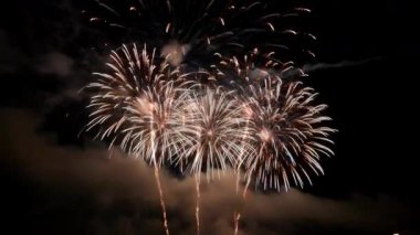 Beyaz ve altın havai fişekler ya da gece karanlığında patlayan havai fişekler pürüzsüz bir döngüyle ve hafif duman bulutlarının üzerinde parıldayan ışık izleriyle kutlama veya olay arkaplanı