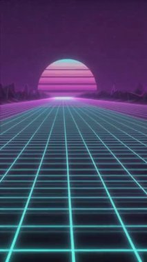 80 'lerin neon güneş ve dağ ızgarası ile sentetik retro manzarası bir döngü videosuyla mor yıldızlı gökyüzünde ilerliyor