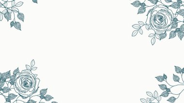 Mavi çizgili sanat çiçekli kenar ya da köşeli çerçeve üzerinde güller ve temiz beyaz arka planda botanik yapraklar var.