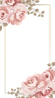 Romantik pembe gül buketi çerçevesi ya da sınırında altın rengi ince çizgi ve beyaz arka planda bej yapraklar. Düğün için dikey kopya alanı ya da anneler günü tebrik kartı.