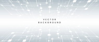 Büyük veri bağlantıları ve iletişim kavramları için dijital devre çizgisi çerçevesi ve ağ düğümlerine sahip minimalist beyaz teknoloji arka planı