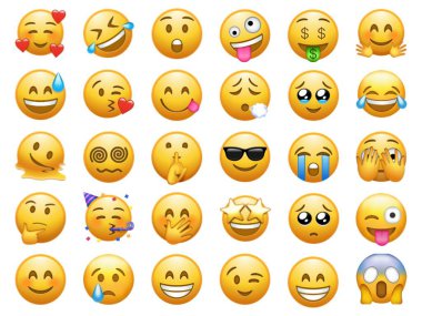 Farklı yüz ifadeleri olan 30 yuvarlak sarı emoji seti.