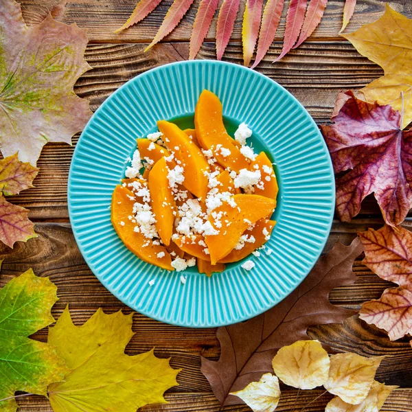 Salade Automne Avec Citrouille Fromage Feta Vue Sur Dessus Végétalien — Photo