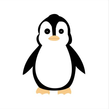 Bu bebek penguen karakterinin büyüleyici, minimalist dijital bir çizimi, koyu siyah beyaz renkte, küçük turuncu gagalı ve ayaklı, saf beyaz arka planda mükemmel bir şekilde ortalanmış..