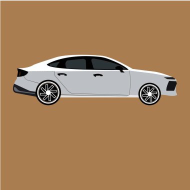 Çağdaş beyaz dört kapılı bir sedanı gösteren temiz bir vektör grafiği. Sadece yandan görülüyor. Detaylı siyah ve gümüş tekerlekler düz kahverengi arka plana karşı..