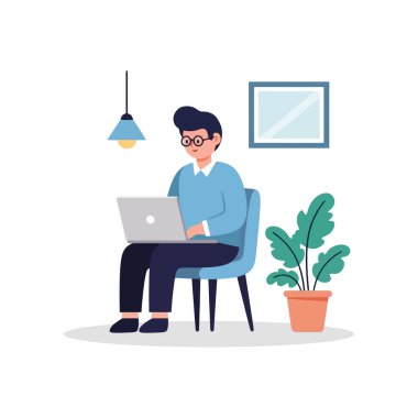 Evinden uzakta, modern çalışma alanında dizüstü bilgisayarla çalışan bir adam.