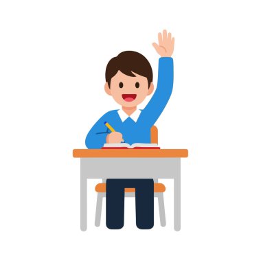 Coşkulu öğrenci sınıf ortamında çalışırken elini kaldırıyor.