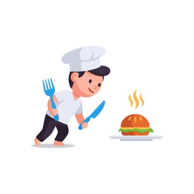 Sevimli şef taze malzemelerle lezzetli bir burger servis etmeye hazır.